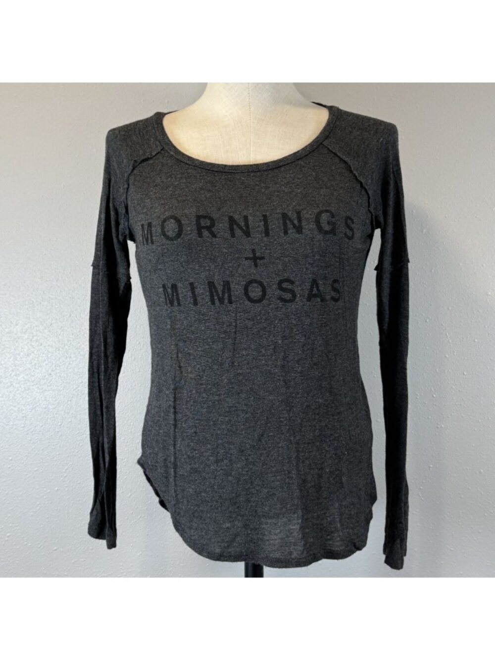 Mornings + Mimosas Graphic Long Sleeve Top Sz XS Dark Gray Relaxed by Well Worn - Picture 2 of 11